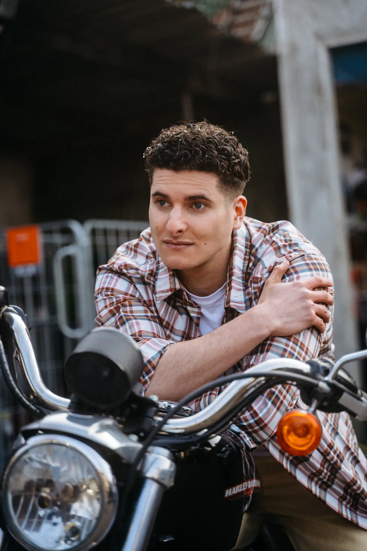 Portrait, Plaid Shirt on Motorcycle